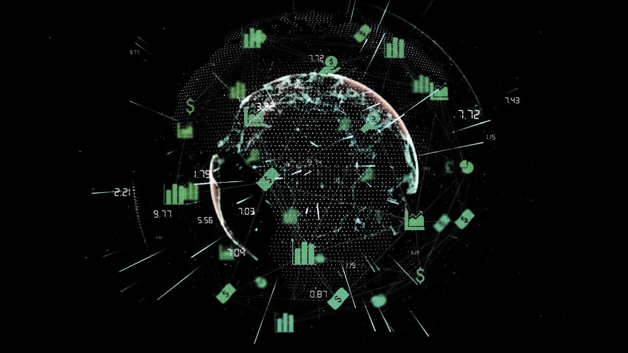 video compuesto digital de una red de conexiones con íconos flotando sobre un globo giratorio