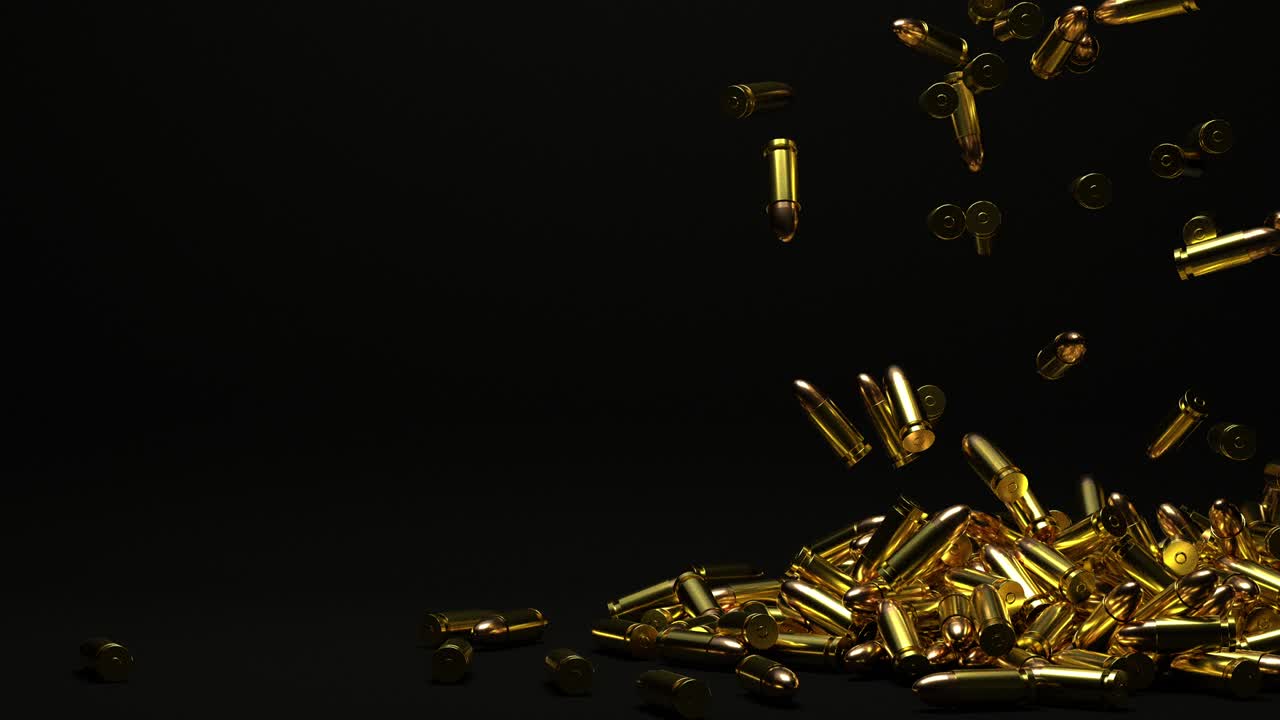 Realistic 3D Rendered 9mm Bullets Falling On Floor Into A Pile