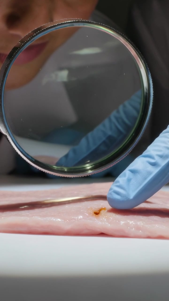 Video verticale: Tecnico in camice da laboratorio che rileva una lesione, usa una lente d'ingrandimento su un vassoio di tessuti e sonda con un guanto blu.