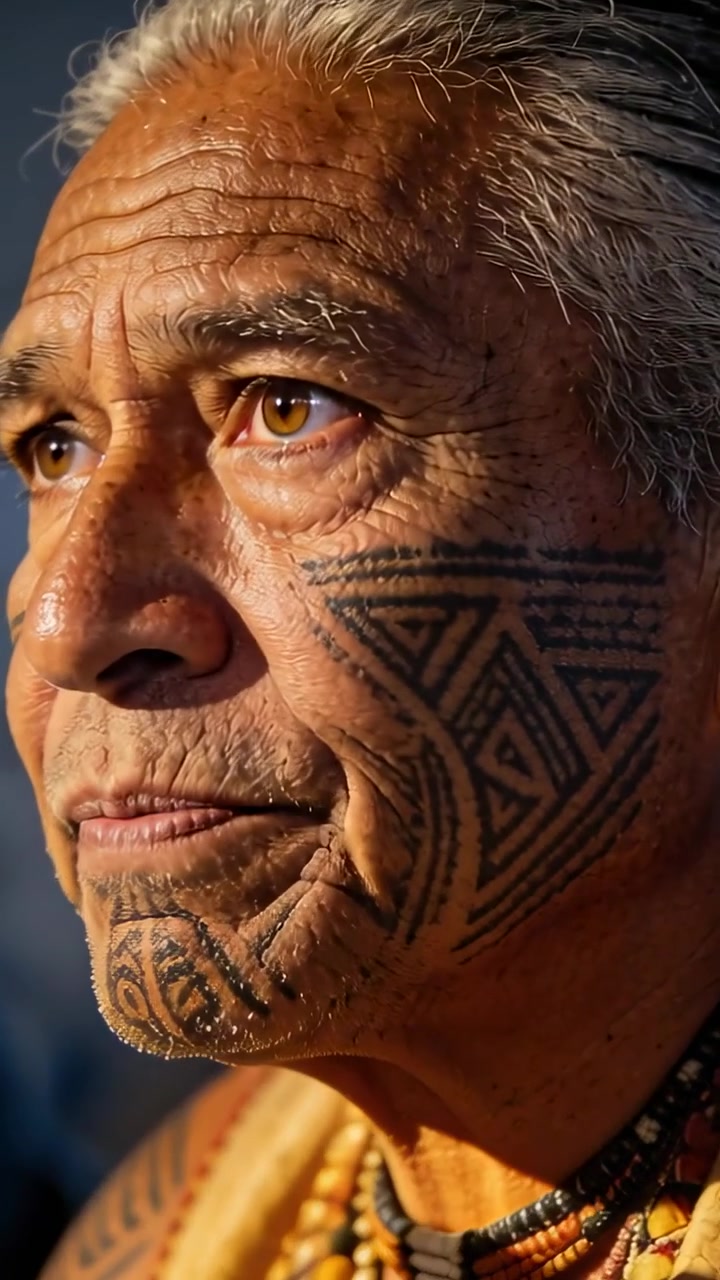 Video verticale: Anziano del Pacifico che parla in un'intervista dopo un suggerimento fuori campo, mostrando tatuaggi e una veste