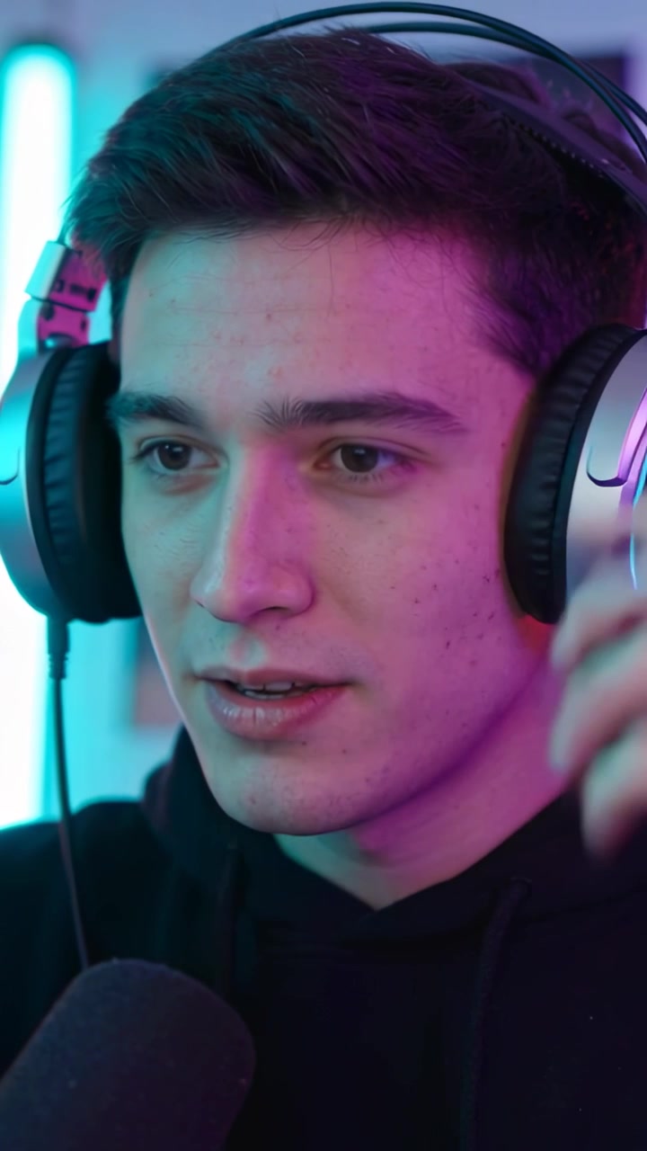 Streamer uomo che avvia la diretta, posiziona le cuffie, regola il microfono, con luci RGB che cambiano colore delicatamente.