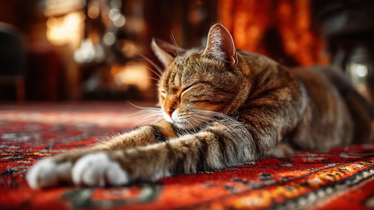 Un momento di tranquillità: un bellissimo gatto soriano si stiracchia e sonnecchia comodamente su un tappeto colorato, godendosi un'atmosfera di pace, relax e serenità