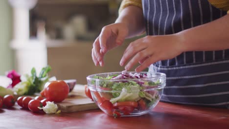 Midsection-of-caucasian-woman-preparing-salad-in-kitchen