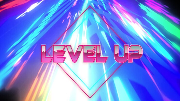 Animation of level up text over colourful lights on black background