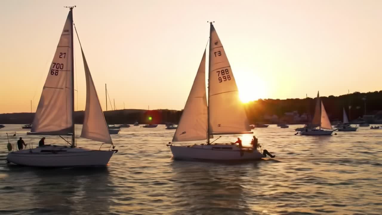 Sailboats glide over calm waters as the sun sets behind the horizon. Friends enjoy the serene atmosphere on a warm summer evening by the bay.