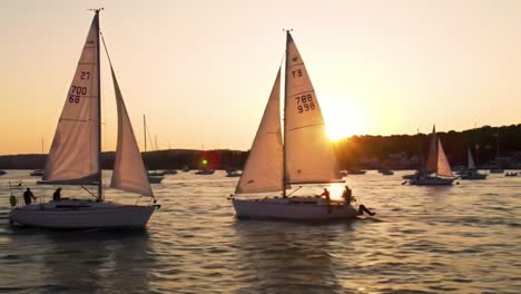 sailboats glide over calm waters as the sun sets behind the horizon. friends enjoy the serene atmosphere on a warm summer evening by the bay.