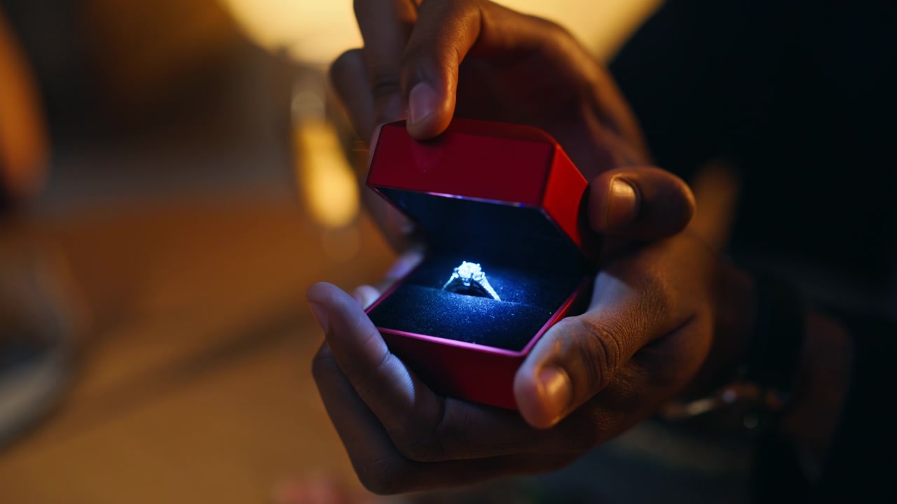 赤い箱を開ける男性の手のクローズアップ。ダイヤモンドの婚約指輪。結婚のプロポーズ。