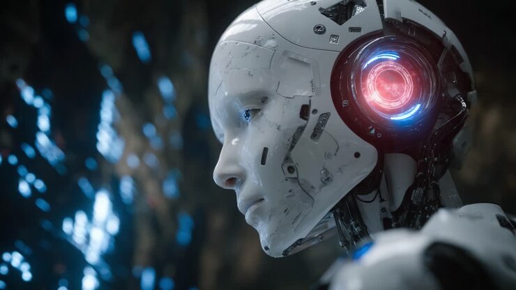 Una vista ravvicinata di un robot umanoide avanzato con caratteristiche intricate e design futuristico, che mostra il suo orecchio high-tech e gli elementi di illuminazione a LED in un ambiente cibernetico