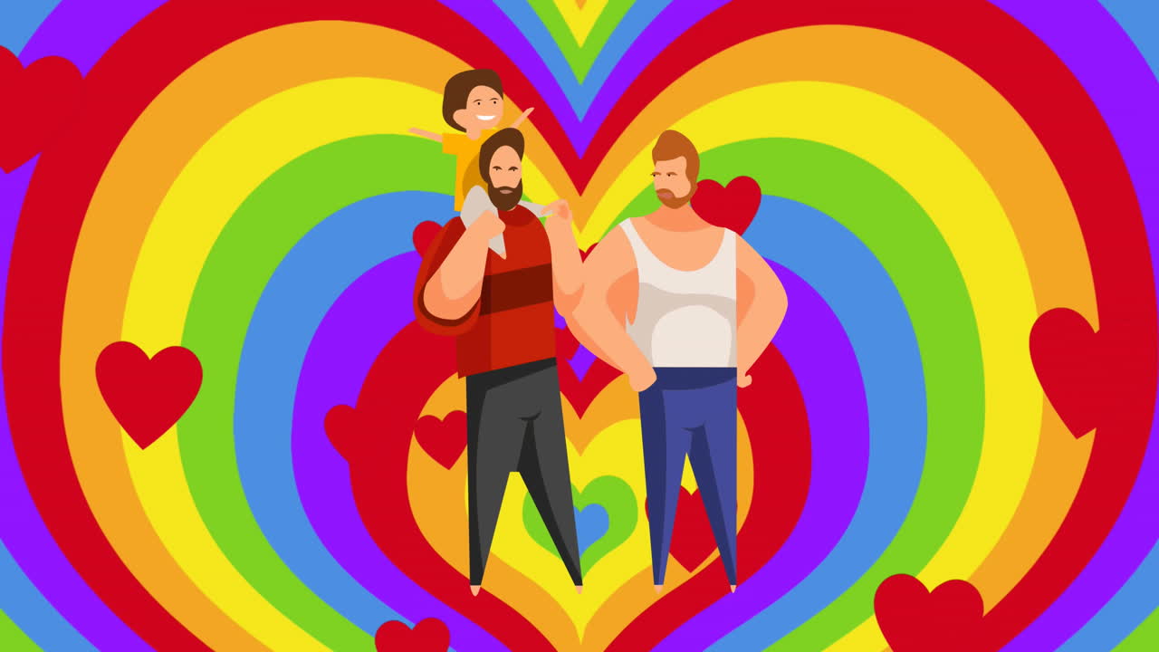 Animation of lgbtq male gay couple with child over hearts and rainbow hearts background