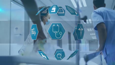 animation of globe made of hexagons with scientific icons over diverse doctors running with bed