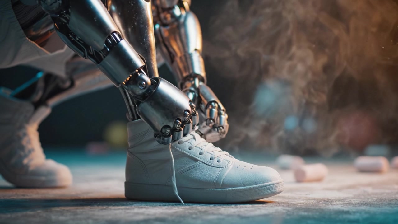 A Robotic Arm Carefully Ties a Shoelace on a Stylish White Sneaker, Demonstrating Precision and Future Technology Innovations in Footwear Design