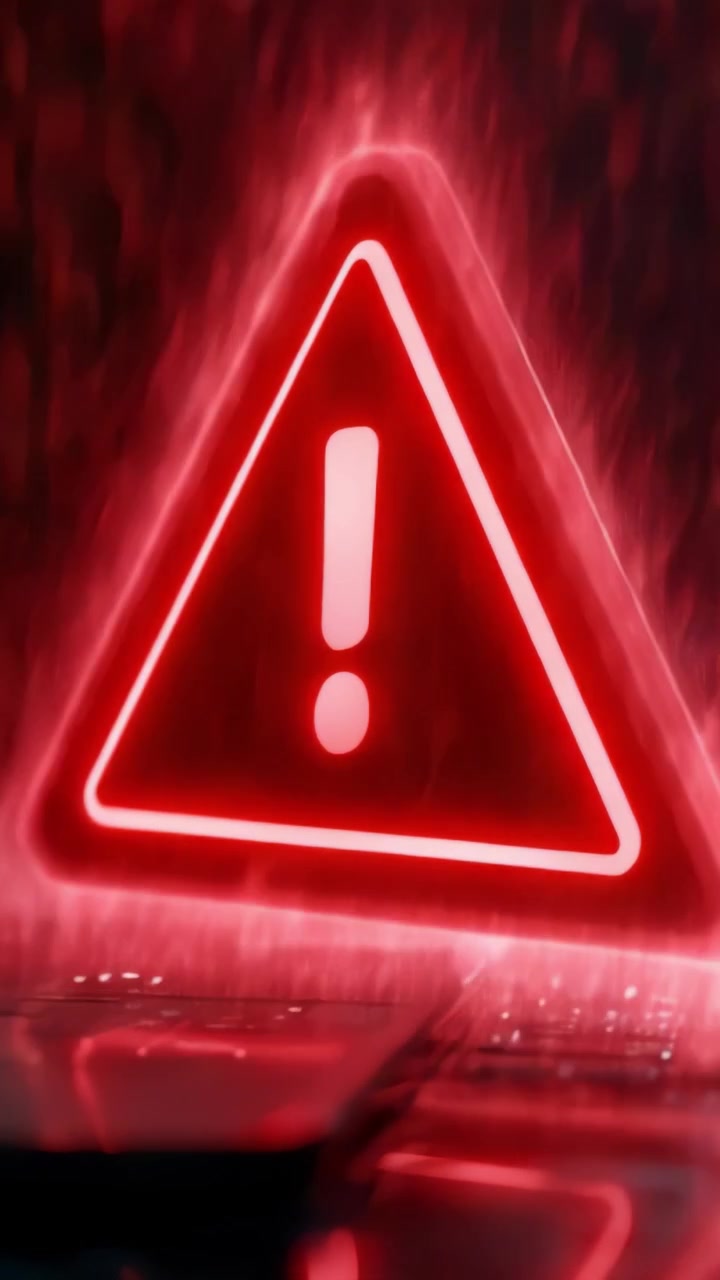 Illuminated red warning sign glows ominously in a dark, rainy environment, emphasizing urgency and caution while capturing the essence of alertness and danger.