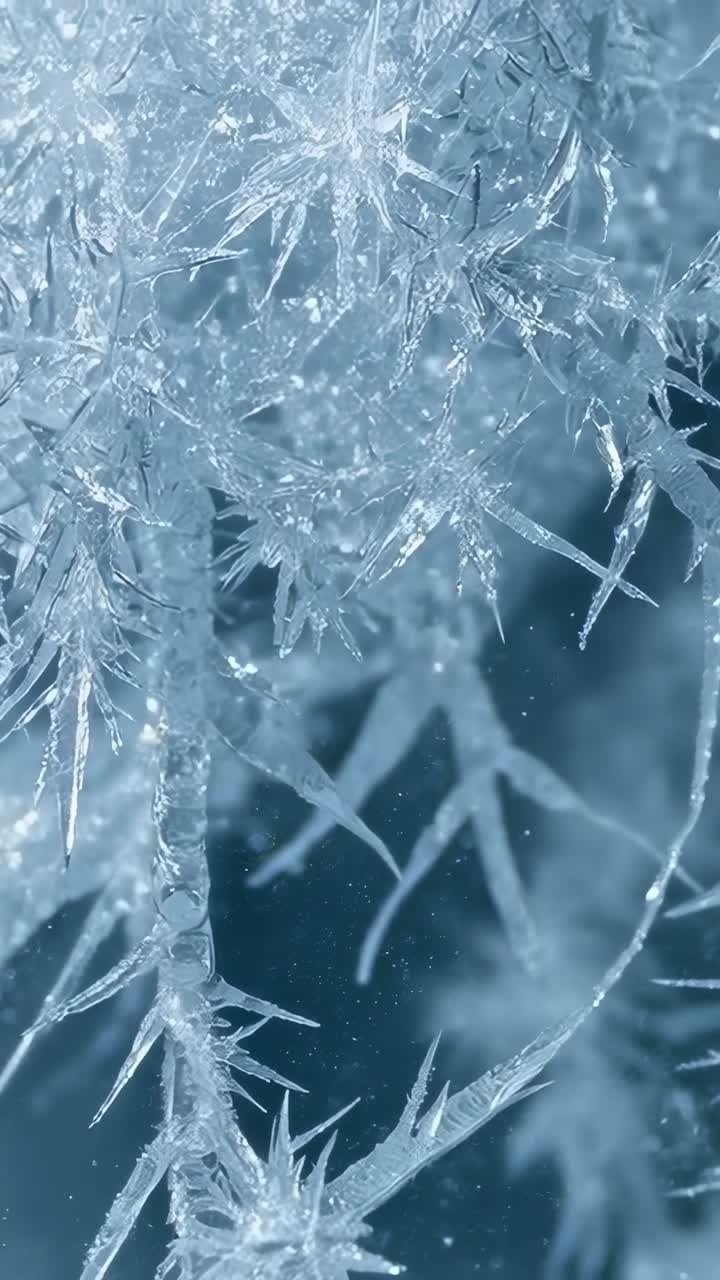 Video verticale: camera con panoramica che rivela cristalli di ghiaccio appuntiti su un gambo sottile in macro che mostra la polvere