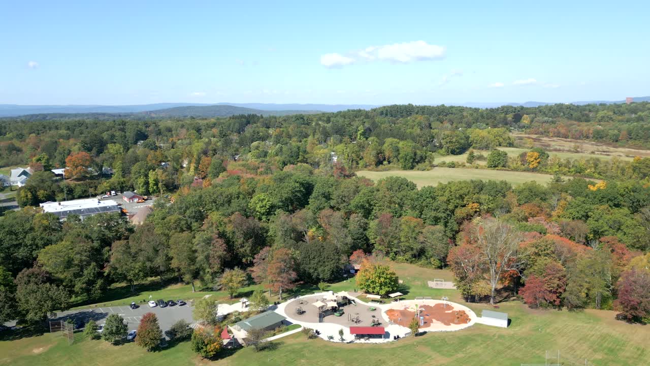 Green Space With Ball Fields And Picnic Areas In Groff Park In Amherst, Massachusetts, USA. Aerial Wide Shot