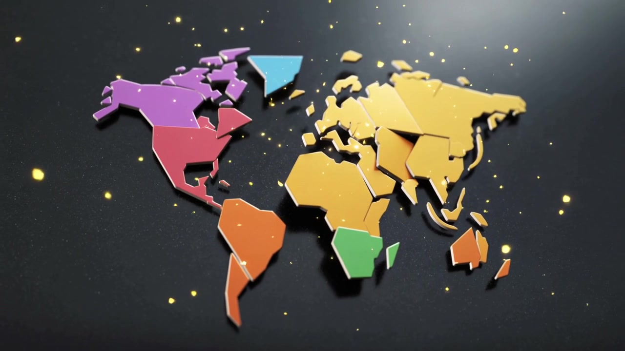 Animating colorful continent tiles assembling into flat map on dark matte tabletop, with particles