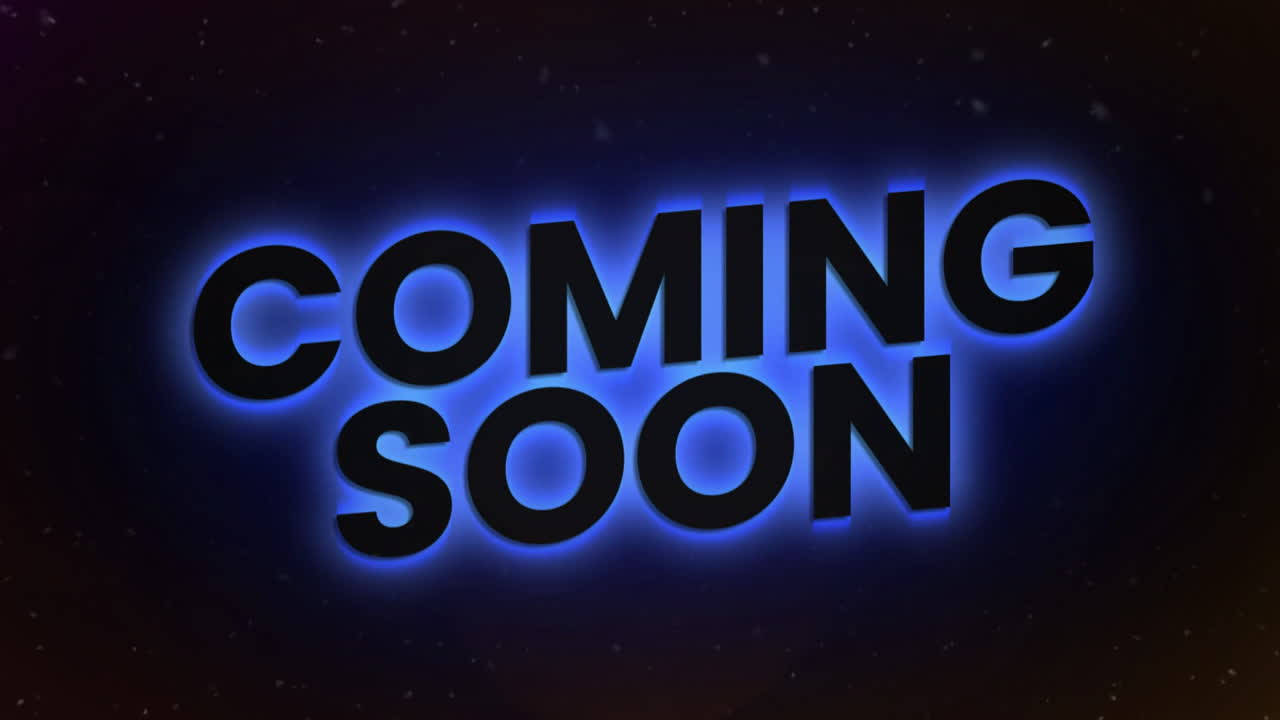 Glowing blue neon Coming Soon text with animation on dark background
