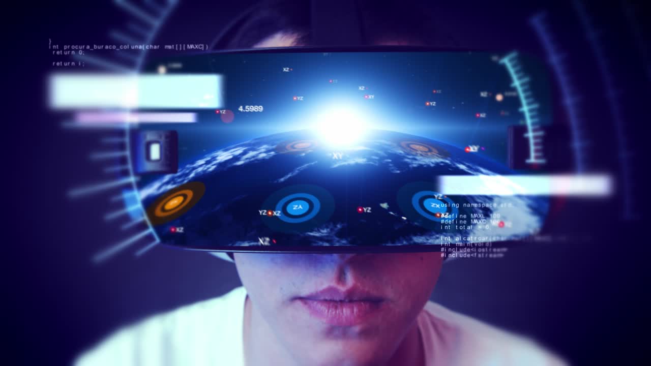 Handsome young man wearing VR headset and experiencing virtual reality.