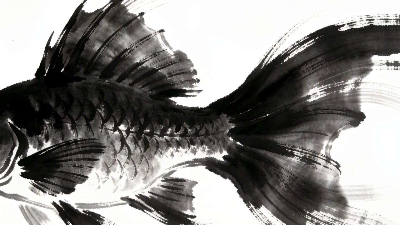 Sequenza di fotogrammi in progressione che rivela pennellate di coda che si intensificano su un pesce disegnato a pennello con inchiostro nero su carta bianca.