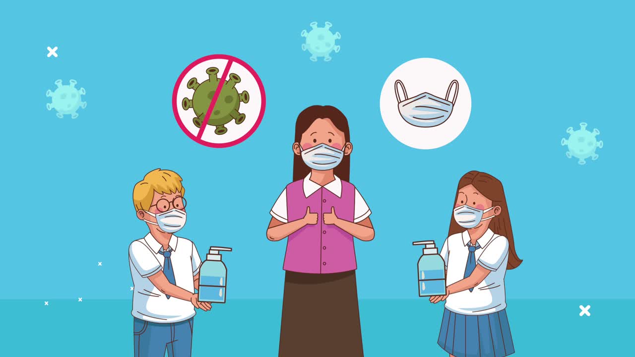 교사와 학생들은 코로나19 예방 아이콘이 붙은 의료 마스크를 착용합니다.