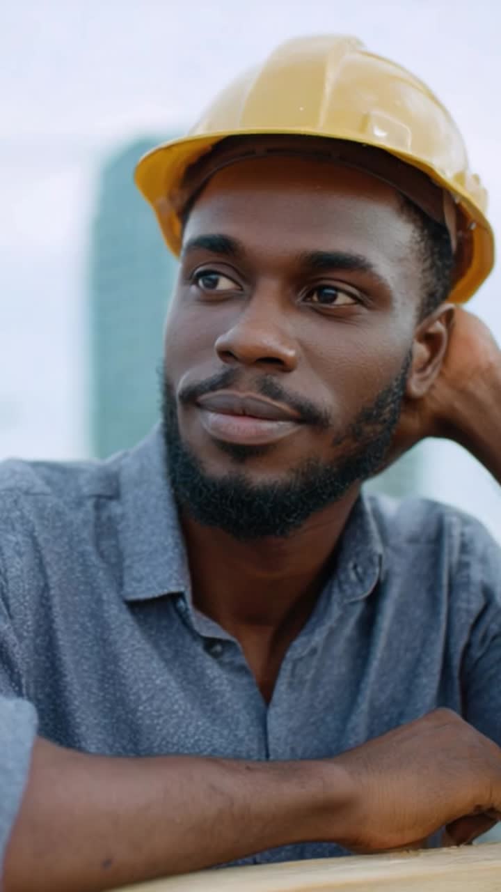Contemplative Construction Worker with Yellow Hard Hat and Shirt Exploring His Thoughts Against a City Skyline in a Casual Moment of Reflection