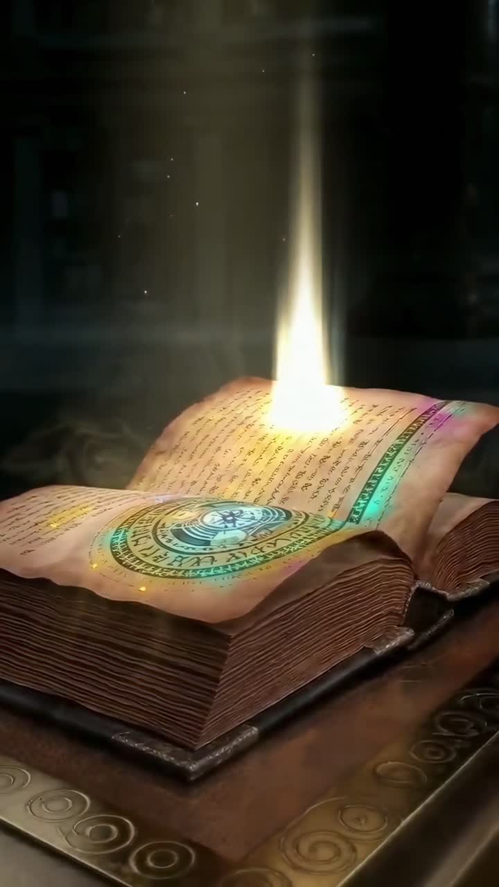 Un libro mistico emette luce, ripreso da un'angolazione bassa, creando un effetto video magico