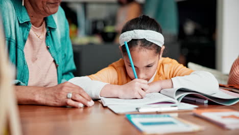 notebook, family and home school child studying