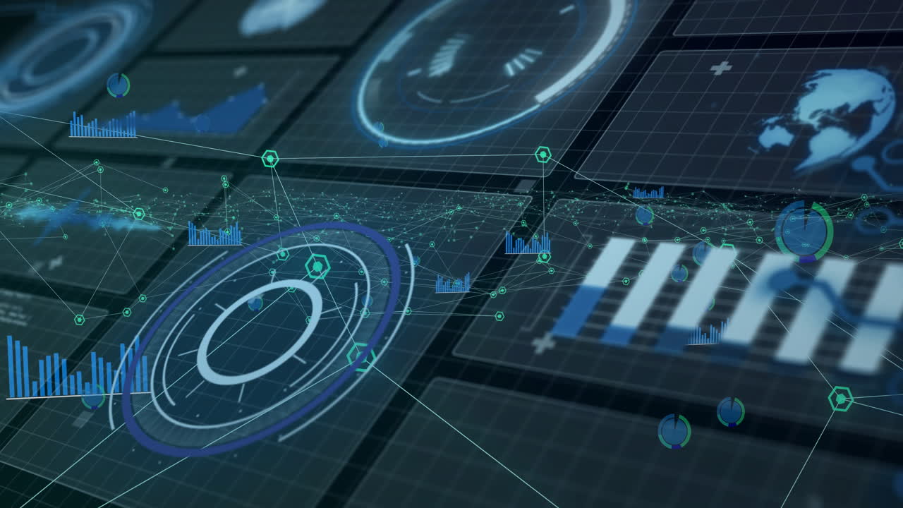 Displaying animation, digital interface with data charts and graphs, futuristic design