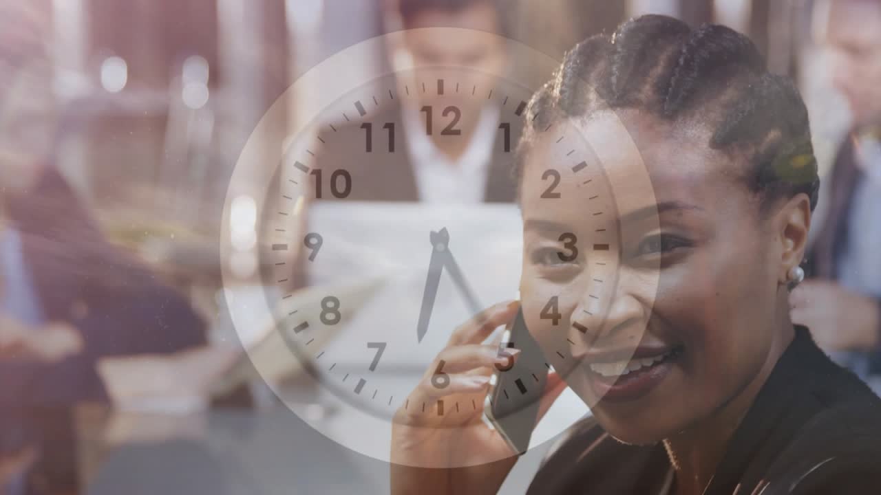 Businesswoman hearing ringing phone with clock tracking hanging up business call reading messages