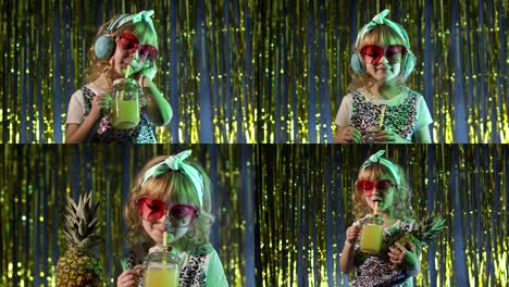 Trendy-stylish-child-kid-with-pineapple-fruit-drinking-juice-in-futuristic-club-with-neon-light