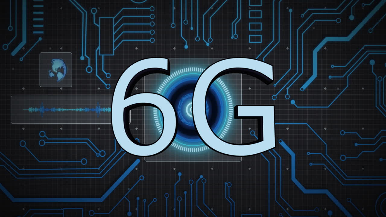 Animation of 6g text, digital data processing over computer circuit board
