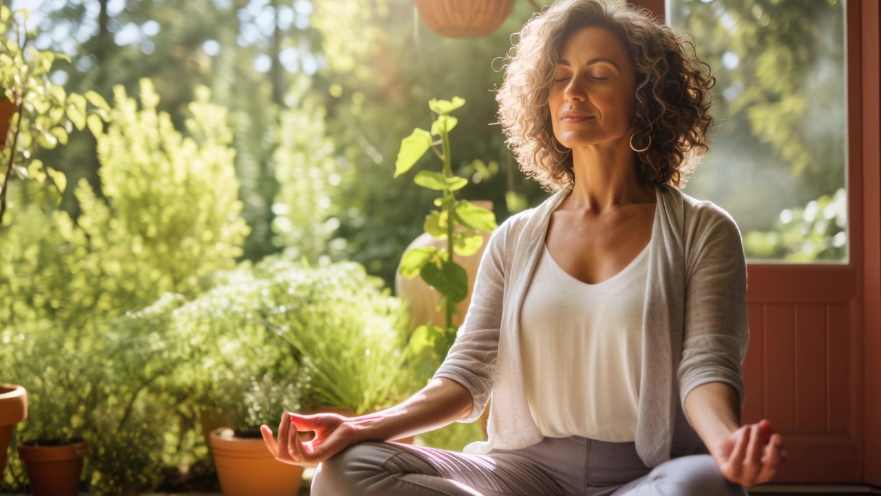 Serene Woman Meditating in Lotus Position Outdoors