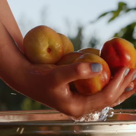 the child pulls out ripe peaches from a bucket of water