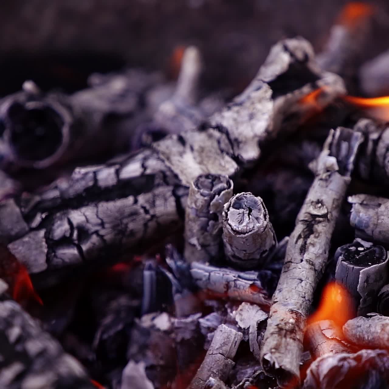 Smoldered wooden logs background. White ash from wood in fire. Detailed motion of slight flame over the charcoals. Close-up. Slow motion.