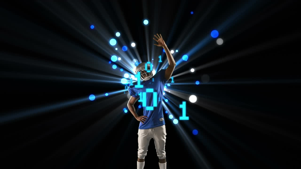 Animation of binary coding data processing over african american footballer