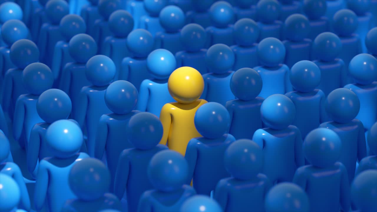 A single yellow figure in a crowd of blue figures