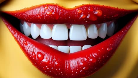 bright smile with glossy red lips. a close-up view of a vibrant, glossy smile featuring bright white teeth and striking red lips decorated with droplets.