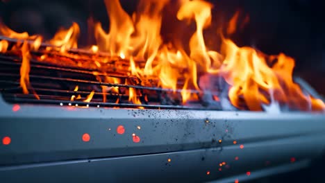 a close up of a grill with flames coming out of it