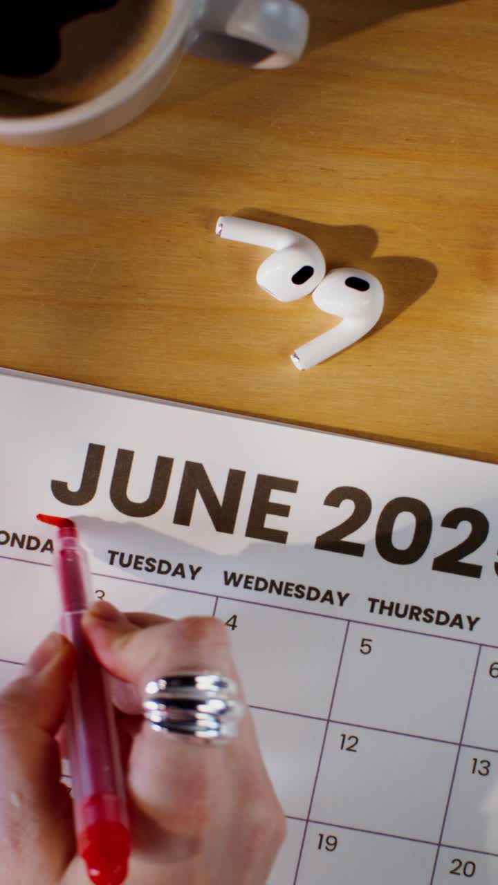 June 2023 Calendar with Coffee and Earbuds