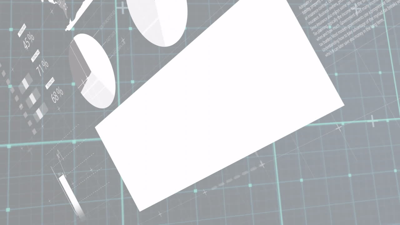 격자 배경에서 파이 차트와 텍스트 데이터를 애니메이션화합니다.