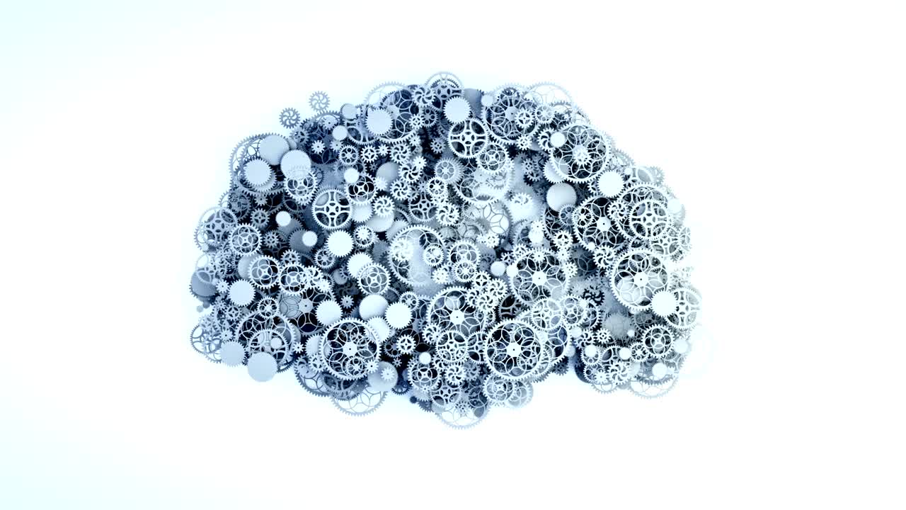 el cerebro de engranajes. problema con la actividad mental, concepto. animación plana realista de 4k.