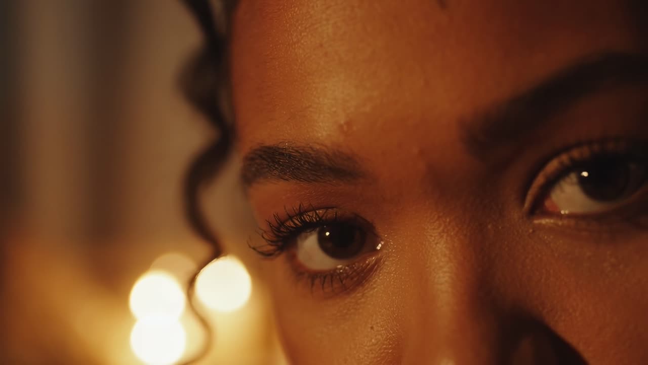 Vídeo em close-up de olhos com iluminação quente, capturando um ângulo íntimo e detalhado
