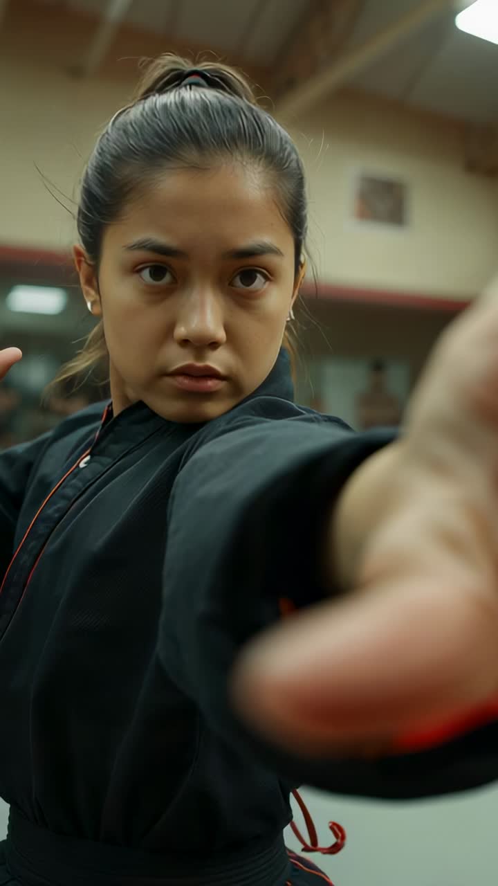 Vertical video: Starting drill, student extending arm, pulling back, centering at gym in black gi