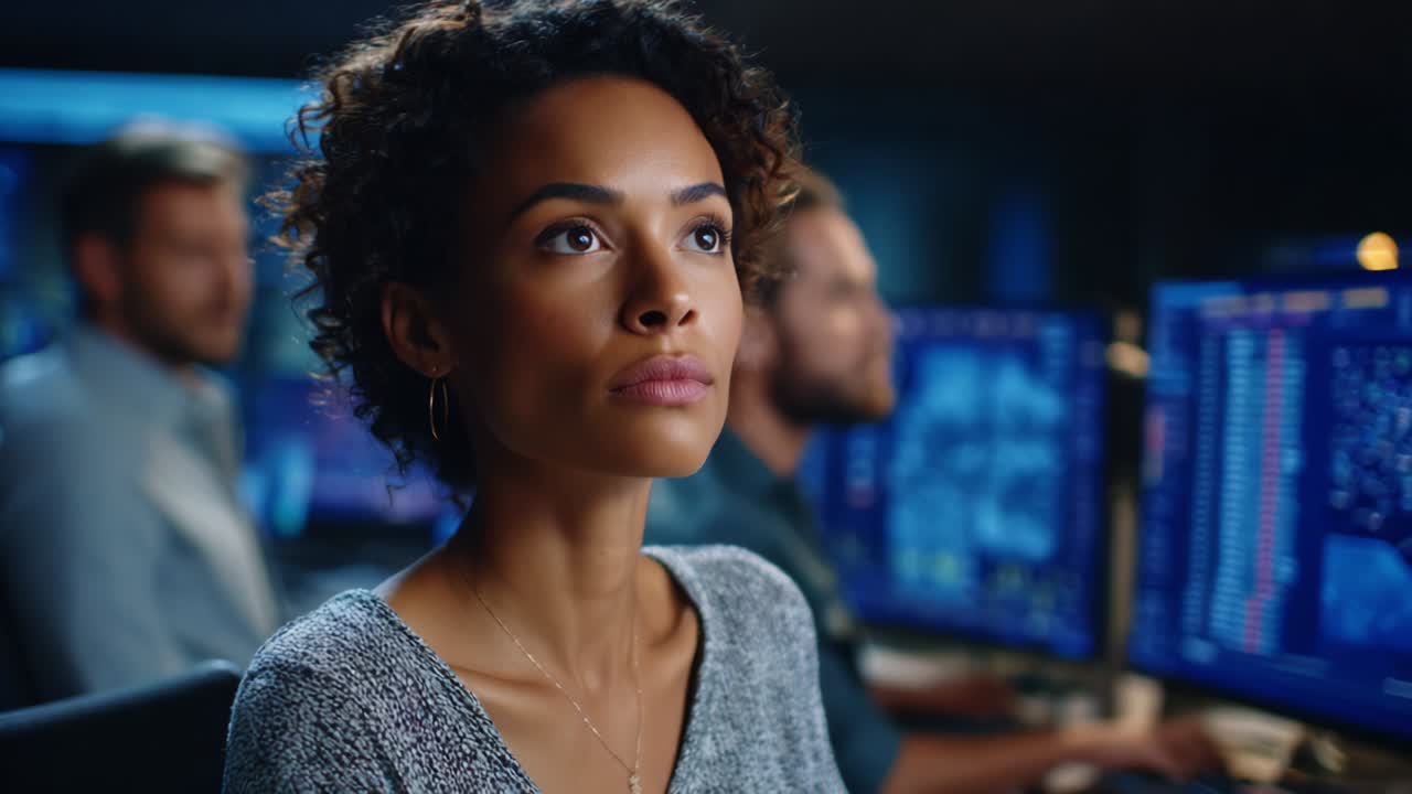In a high-tech operations center, a focused woman with curly hair intently analyzes data on multiple computer screens, showcasing the dedication and concentration required in modern analytical environments