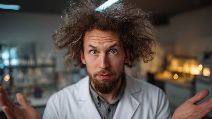A perplexed scientist with wild hair expresses confusion and curiosity in a laboratory setting, showcasing the complexities of scientific inquiry and experimentation