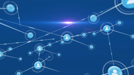 animation of network of connections with icons over blue background