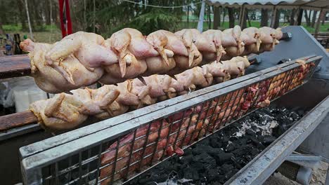 roasting trussed chickens and pork meats on festival bbq rotisserie