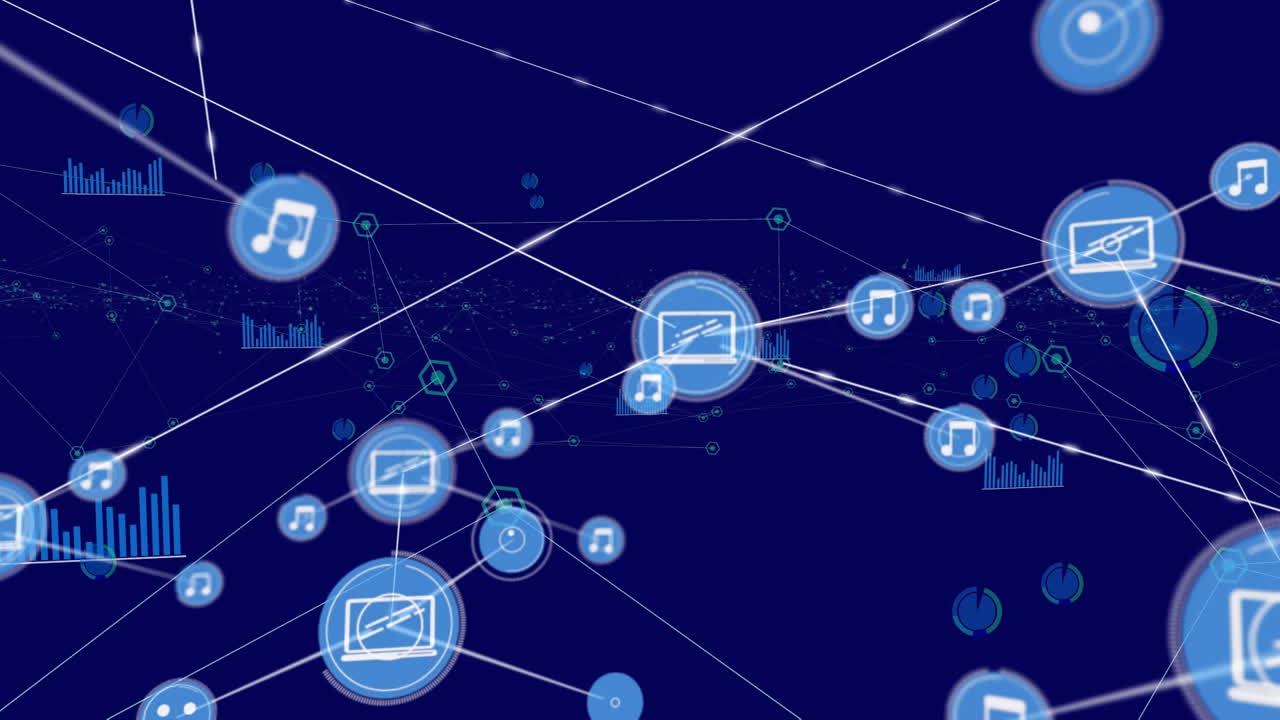 Digital animation of network of connections icons moving against blue background
