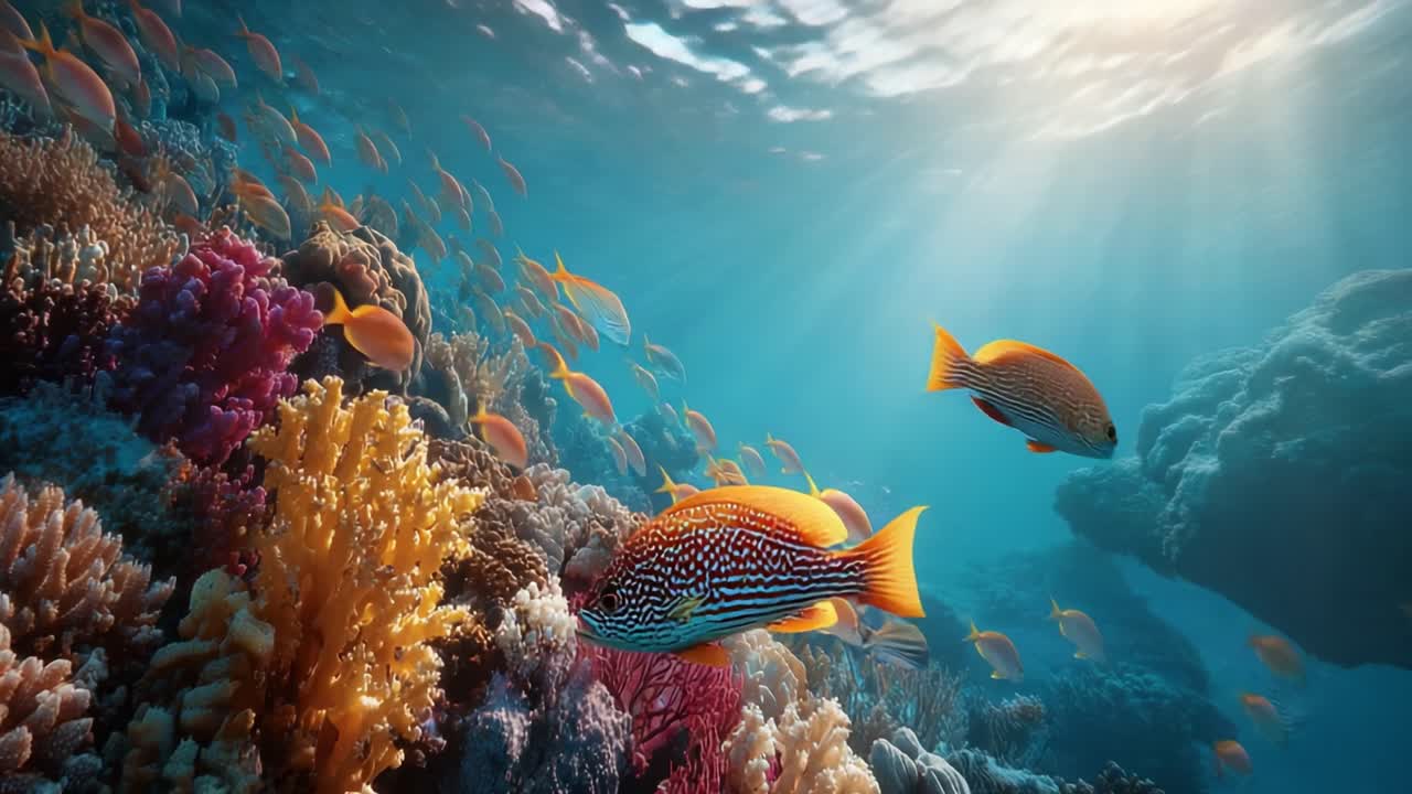 Una Vívida Escena Submarina que Muestra Arrecifes de Coral Coloridos y Vibrantes Peces Tropicales en un Entorno Oceánico Iluminado por el Sol, Capturando la Belleza de la Vida Marina.