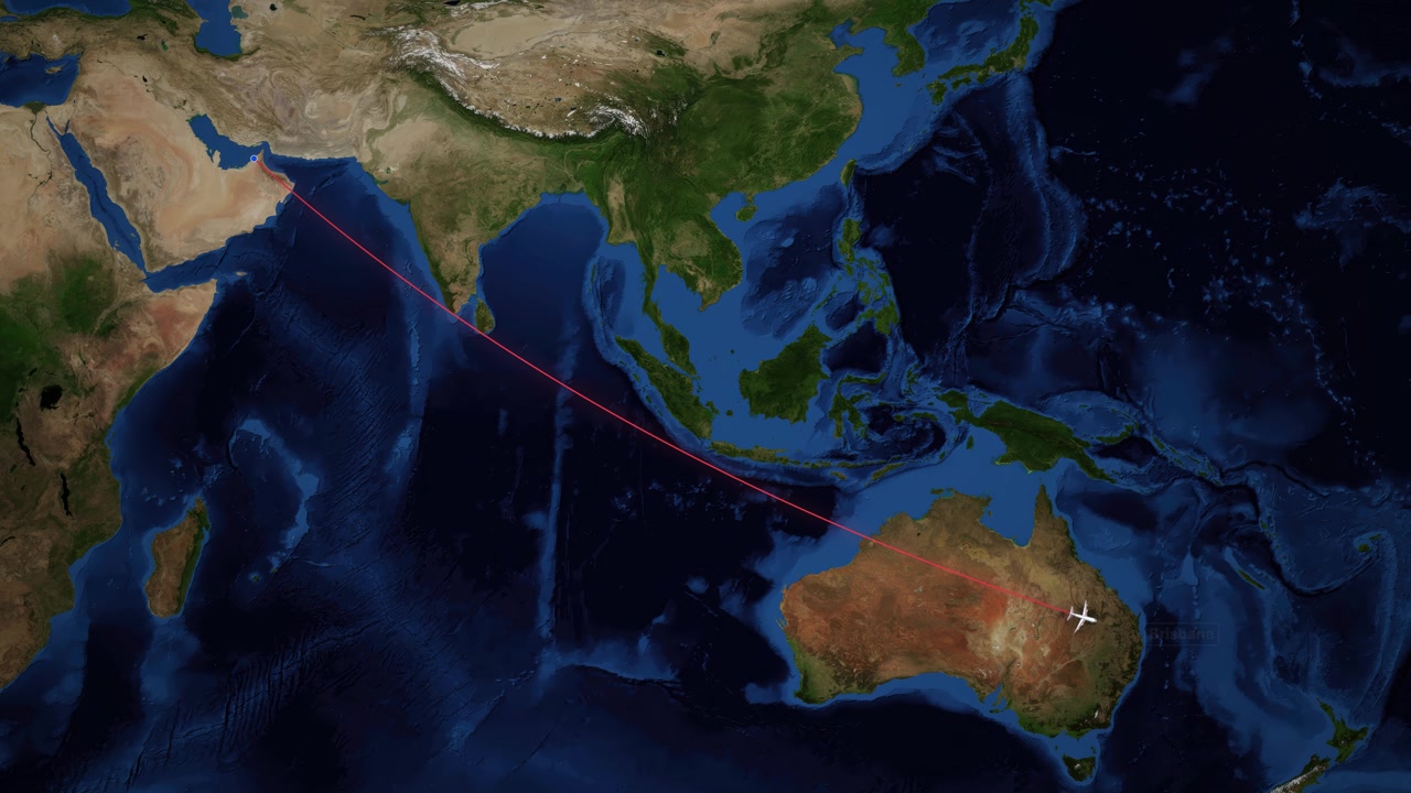 Animated flight path connects Dubai and Brisbane over satellite imagery of the Indian Ocean