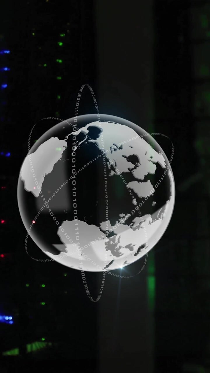 Animation of globe and data processing over computer servers